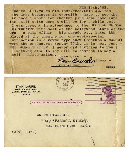 Stan Laurel Letter Signed, a Week Before His Death -- ''...Yes, my 75th. is in next June - WHY BRING THAT UP!! I never did anything to you.!!...''